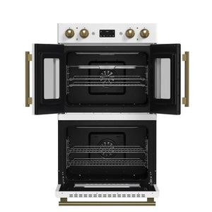 FORNO - Asti 30-Inch Double Electric Wall Oven with Upper French Doors in White & Antique Brass, 7.36 cu. ft. Dual True Convection, 7,200W, Air Fry, Sous Vide, Self-Clean