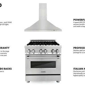 ZLINE - 30" Kitchen Package with Stainless Steel Dual Fuel Range and Convertible Vent Range Hood (2KP-RARH30)
