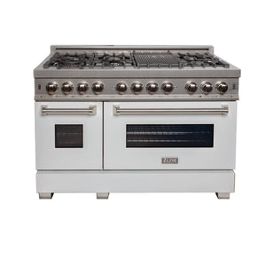 ZLINE - 48 in. Kitchen Package with Satin Stainless Steel Dual Fuel Range with White Matte Door and Convertible Vent Range Hood