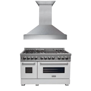 ZLINE - 48 in. Kitchen Package with Satin Stainless Steel Dual Fuel Range with White Matte Door and Convertible Vent Range Hood