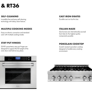 ZLINE - Kitchen Package with 36" Stainless Steel Rangetop and 30" Single Wall Oven (2KP-RTAWS36)