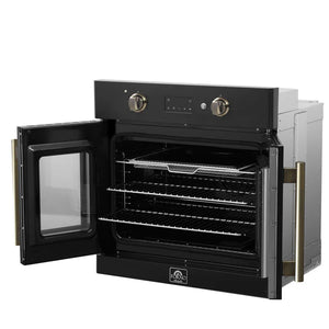 FORNO - Asti 30-Inch French Door Electric Wall Oven in Black & Antique Brass, 3.68 cu. ft. True Convection, 3,600W, Air Fry, Sous Vide, Self-Clean