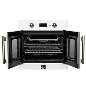FORNO - Asti 30-Inch French Door Electric Wall Oven in White & Antique Brass, 3.68 cu. ft. True Convection, 3,600W, Air Fry, Sous Vide, Self-Clean