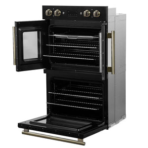 FORNO - Asti 30-Inch Double Electric Wall Oven with Upper French Doors in Black & Antique Brass, 7.36 cu. ft. Dual True Convection, 7,200W, Air Fry, Sous Vide, Self-Clean
