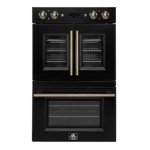 FORNO - Asti 30-Inch Double Electric Wall Oven with Upper French Doors in Black & Antique Brass, 7.36 cu. ft. Dual True Convection, 7,200W, Air Fry, Sous Vide, Self-Clean