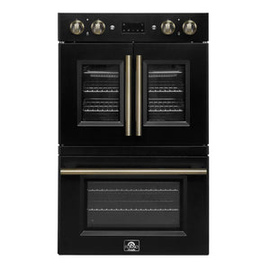 FORNO - Asti 30-Inch Double Electric Wall Oven with Upper French Doors in Black & Antique Brass, 7.36 cu. ft. Dual True Convection, 7,200W, Air Fry, Sous Vide, Self-Clean