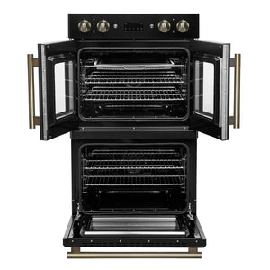 FORNO - Asti 30-Inch Double Electric Wall Oven with Upper French Doors in Black & Antique Brass, 7.36 cu. ft. Dual True Convection, 7,200W, Air Fry, Sous Vide, Self-Clean