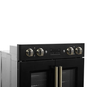FORNO - Asti 30-Inch Double Electric Wall Oven with Upper French Doors in Black & Antique Brass, 7.36 cu. ft. Dual True Convection, 7,200W, Air Fry, Sous Vide, Self-Clean