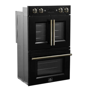 FORNO - Asti 30-Inch Double Electric Wall Oven with Upper French Doors in Black & Antique Brass, 7.36 cu. ft. Dual True Convection, 7,200W, Air Fry, Sous Vide, Self-Clean