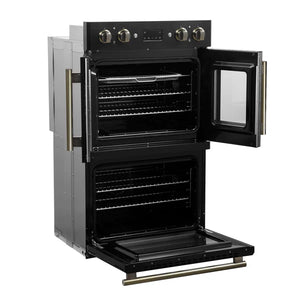 FORNO - Asti 30-Inch Double Electric Wall Oven with Upper French Doors in Black & Antique Brass, 7.36 cu. ft. Dual True Convection, 7,200W, Air Fry, Sous Vide, Self-Clean