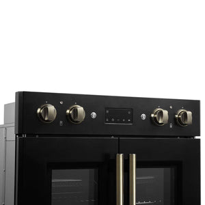 FORNO - Asti 30-Inch Double Electric Wall Oven with Upper French Doors in Black & Antique Brass, 7.36 cu. ft. Dual True Convection, 7,200W, Air Fry, Sous Vide, Self-Clean