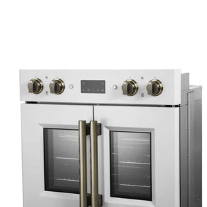 FORNO - Asti 30-Inch Double Electric Wall Oven with Upper French Doors in White & Antique Brass, 7.36 cu. ft. Dual True Convection, 7,200W, Air Fry, Sous Vide, Self-Clean