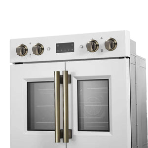 FORNO - Asti 30-Inch Double Electric Wall Oven with Upper French Doors in White & Antique Brass, 7.36 cu. ft. Dual True Convection, 7,200W, Air Fry, Sous Vide, Self-Clean