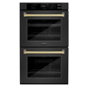 ZLINE - 30 in. Autograph Edition Professional True Convection Double Wall Oven with Air Fry and Self Clean in Black Stainless Steel with Champagne Bronze Handles