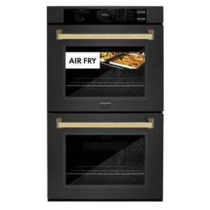 ZLINE - 30 in. Autograph Edition Professional True Convection Double Wall Oven with Air Fry and Self Clean in Black Stainless Steel with Polished Gold Handles