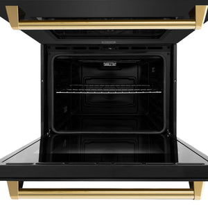 ZLINE - 30 in. Autograph Edition Professional True Convection Double Wall Oven with Air Fry and Self Clean in Black Stainless Steel with Polished Gold Handles