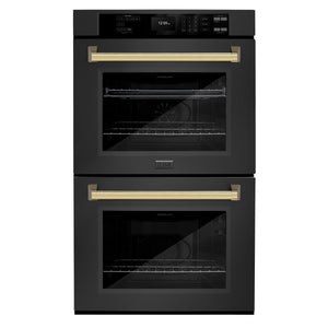 ZLINE - 30 in. Autograph Edition Professional True Convection Double Wall Oven with Air Fry and Self Clean in Black Stainless Steel with Polished Gold Handles
