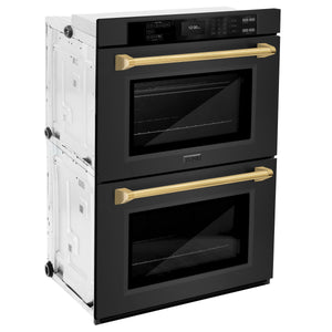 ZLINE - 30 in. Autograph Edition Professional True Convection Double Wall Oven with Air Fry and Self Clean in Black Stainless Steel with Polished Gold Handles