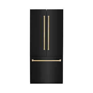 ZLINE - Autograph Edition 36 in. 19.6 cu. ft. French Door Built-In Bottom Freezer Refrigerator with Water Dispenser and Ice Maker in Black Stainless Steel with Polished Gold Accents