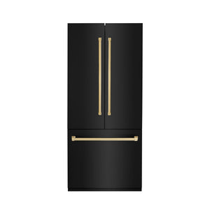 ZLINE - Autograph Edition 36 in. 19.6 cu. ft. French Door Built-In Bottom Freezer Refrigerator with Water Dispenser and Ice Maker in Black Stainless Steel with Polished Gold Accents