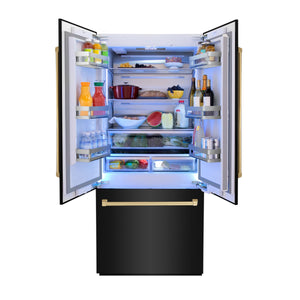 ZLINE - Autograph Edition 36 in. 19.6 cu. ft. French Door Built-In Bottom Freezer Refrigerator with Water Dispenser and Ice Maker in Black Stainless Steel with Polished Gold Accents