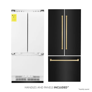 ZLINE - Autograph Edition 36 in. 19.6 cu. ft. French Door Built-In Bottom Freezer Refrigerator with Water Dispenser and Ice Maker in Black Stainless Steel with Polished Gold Accents