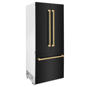 ZLINE - Autograph Edition 36 in. 19.6 cu. ft. French Door Built-In Bottom Freezer Refrigerator with Water Dispenser and Ice Maker in Black Stainless Steel with Polished Gold Accents