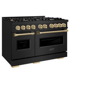 ZLINE - Autograph Edition 48 in. 6.7 cu. ft. Classic Double Oven Dual Fuel Range with 8 Burner Gas Cooktop in Black Stainless Steel and Champagne Bronze Accents