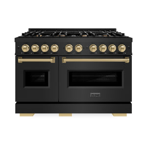 ZLINE - Autograph Edition 48 in. 6.7 cu. ft. Classic Double Oven Gas Range with 8 Burner Cooktop in Black Stainless Steel and Champagne Bronze Accents