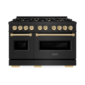ZLINE - Autograph Edition 48 in. 6.7 cu. ft. Classic Double Oven Gas Range with 8 Burner Cooktop in Black Stainless Steel and Polished Gold Accents