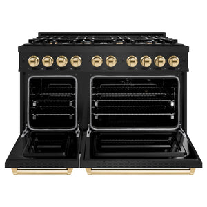 ZLINE - Autograph Edition 48 in. 6.7 cu. ft. Classic Double Oven Gas Range with 8 Burner Cooktop in Black Stainless Steel and Polished Gold Accents