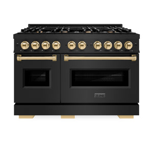 ZLINE - Autograph Edition 48 in. 6.7 cu. ft. Classic Double Oven Gas Range with 8 Burner Cooktop in Black Stainless Steel and Polished Gold Accents