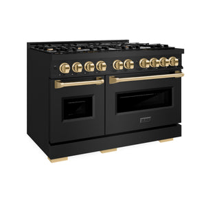 ZLINE - Autograph Edition 48 in. 6.7 cu. ft. Classic Double Oven Gas Range with 8 Burner Cooktop in Black Stainless Steel and Polished Gold Accents