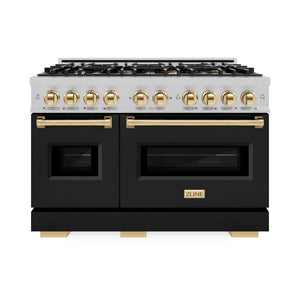 ZLINE - Autograph Edition 48 in. 6.7 cu. ft. Classic Double Oven Dual Fuel Range with 8 Burner Gas Cooktop in Satin Stainless Steel with Black Matte Doors and Polished Gold Accents