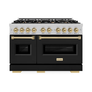 ZLINE - Autograph Edition 48 in. 6.7 cu. ft. Classic Double Oven Gas Range with 8 Burner Cooktop in Satin Stainless Steel with Black Matte Doors and Champagne Bronze Accents