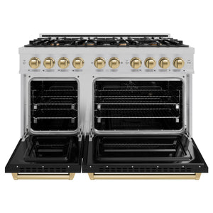 ZLINE - Autograph Edition 48 in. 6.7 cu. ft. Classic Double Oven Gas Range with 8 Burner Cooktop in Satin Stainless Steel with Black Matte Doors and Champagne Bronze Accents