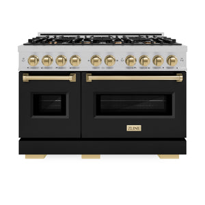 ZLINE - Autograph Edition 48 in. 6.7 cu. ft. Classic Double Oven Gas Range with 8 Burner Cooktop in Satin Stainless Steel with Black Matte Doors and Champagne Bronze Accents