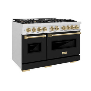 ZLINE - Autograph Edition 48 in. 6.7 cu. ft. Classic Double Oven Gas Range with 8 Burner Cooktop in Satin Stainless Steel with Black Matte Doors and Champagne Bronze Accents