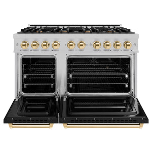 ZLINE - Autograph Edition 48 in. 6.7 cu. ft. Classic Double Oven Gas Range with 8 Burner Cooktop in Satin Stainless Steel with Black Matte Doors and Polished Gold Accents