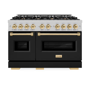 ZLINE - Autograph Edition 48 in. 6.7 cu. ft. Classic Double Oven Gas Range with 8 Burner Cooktop in Satin Stainless Steel with Black Matte Doors and Polished Gold Accents