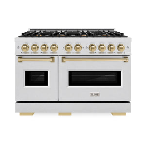 ZLINE - Autograph Edition 48 in. 6.7 cu. ft. Classic Double Oven Dual Fuel Range with 8 Burner Gas Cooktop in Satin Stainless Steel and Champagne Bronze Accents