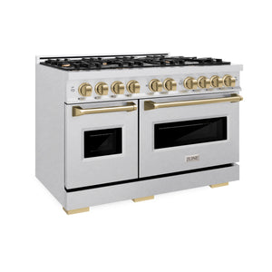 ZLINE - Autograph Edition 48 in. 6.7 cu. ft. Classic Double Oven Dual Fuel Range with 8 Burner Gas Cooktop in Satin Stainless Steel and Champagne Bronze Accents