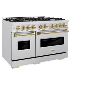 ZLINE - Autograph Edition 48 in. 6.7 cu. ft. Classic Double Oven Dual Fuel Range with 8 Burner Gas Cooktop in Satin Stainless Steel and Champagne Bronze Accents