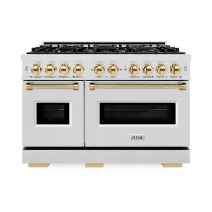 ZLINE - Autograph Edition 48 in. 6.7 cu. ft. Classic Double Oven Dual Fuel Range with 8 Burner Gas Cooktop in Satin Stainless Steel and Polished Gold Accents
