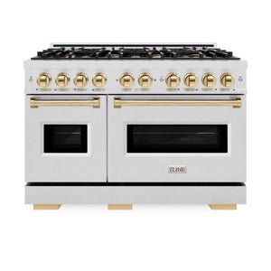 ZLINE - Autograph Edition 48 in. 6.7 cu. ft. Classic Double Oven Dual Fuel Range with 8 Burner Gas Cooktop in Satin Stainless Steel and Polished Gold Accents