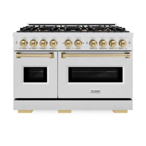 ZLINE - Autograph Edition 48 in. 6.7 cu. ft. Classic Double Oven Gas Range with 8 Burner Cooktop in Satin Stainless Steel and Champagne Bronze Accents