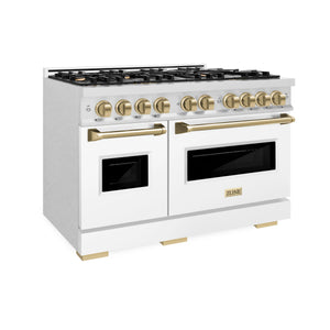ZLINE - Autograph Edition 48 in. 6.7 cu. ft. Classic Double Oven Dual Fuel Range with 8 Burner Gas Cooktop in Satin Stainless Steel with White Matte Doors and Champagne Bronze Accents