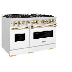 ZLINE - Autograph Edition 48 in. 6.7 cu. ft. Classic Double Oven Dual Fuel Range with 8 Burner Gas Cooktop in Satin Stainless Steel with White Matte Doors and Polished Gold Accents