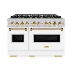 ZLINE - Autograph Edition 48 in. 6.7 cu. ft. Classic Double Oven Gas Range with 8 Burner Cooktop in Satin Stainless Steel with White Matte Doors and Polished Gold Accents