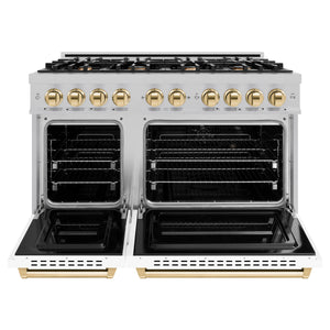 ZLINE - Autograph Edition 48 in. 6.7 cu. ft. Classic Double Oven Gas Range with 8 Burner Cooktop in Satin Stainless Steel with White Matte Doors and Polished Gold Accents